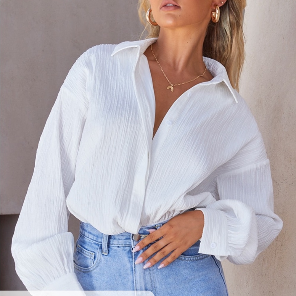 NWT PrettyLittleThing Linen Look Drape White Button Up Bodysuit White